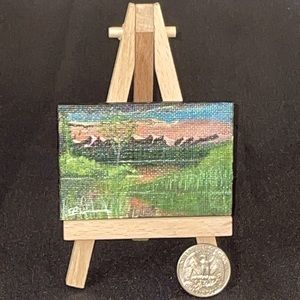 2” x 3” miniature original mountain scene w/easel